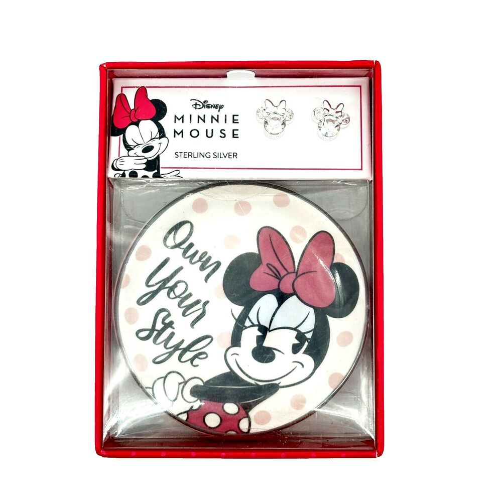 Disney Minnie Mouse Crystal Sterling Silver Stud Earrings & Trinket Dish Set NWT